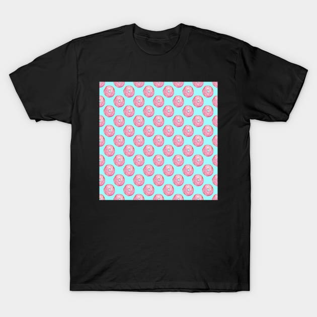 Pink donuts on blue T-Shirt by Kimmygowland